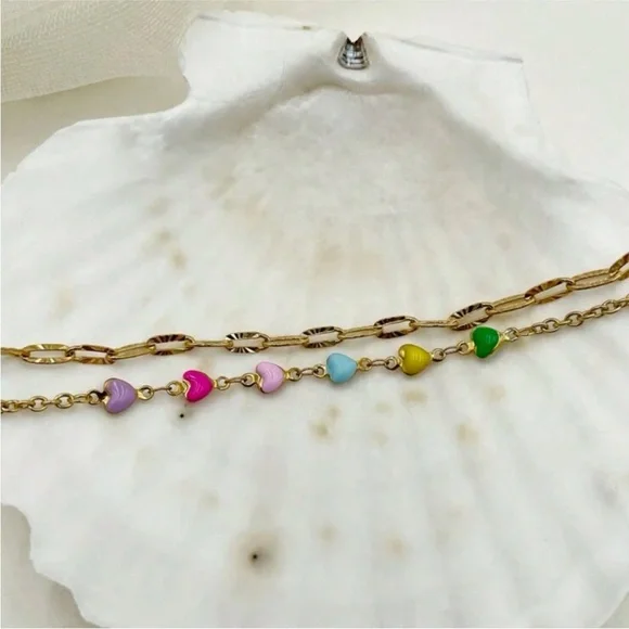 Gorgeous 2-in-1 Gold Plated Chain & Multi Candy Heart Charm Bracelet OS New - Picture 5 of 5